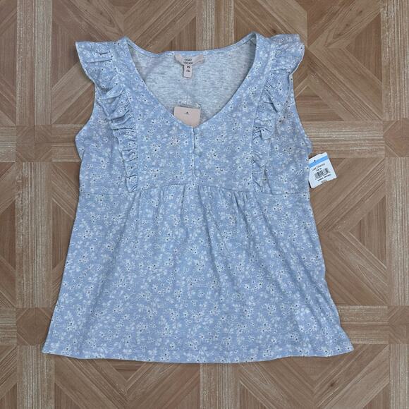 Como Vintage Blue Floral Tank Blouse Womens XS Sleeveless Ruffled Button Front - Picture 6 of 9